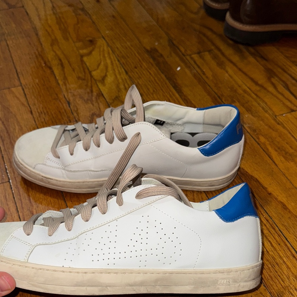 P448 White Sneakers with Blue Heel Accent